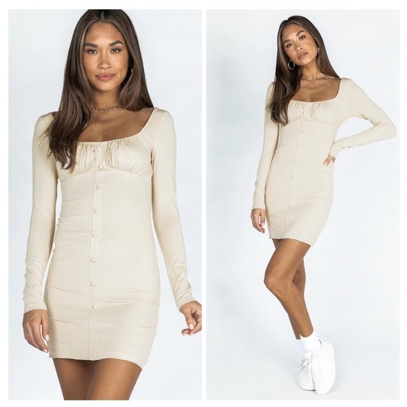 PRINCESS POLLY Dainton Long Sleeve Beige Mini Dress - Picture 1 of 3